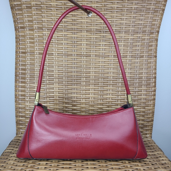 Vera Pelle Handbags - Vera Pelle Borse In Pelle Red Leather Baguette Shoulder Bag Purse Made in Italy